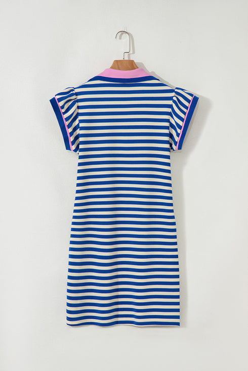 Preppy Stripe Contrast Collar Split Neck Flutter Sleeve T Shirt Dress